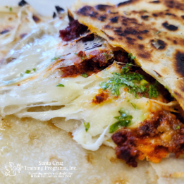 A special quesadilla with chorizo, onion, cilantro, and cheese.