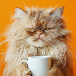 Sleepy cat holding coffee cup