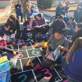 A large group sitting in pairs reading books outside