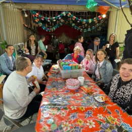 All eating together to celebrate the ending of an arts and music season with Patagonia Creative Arts Association.